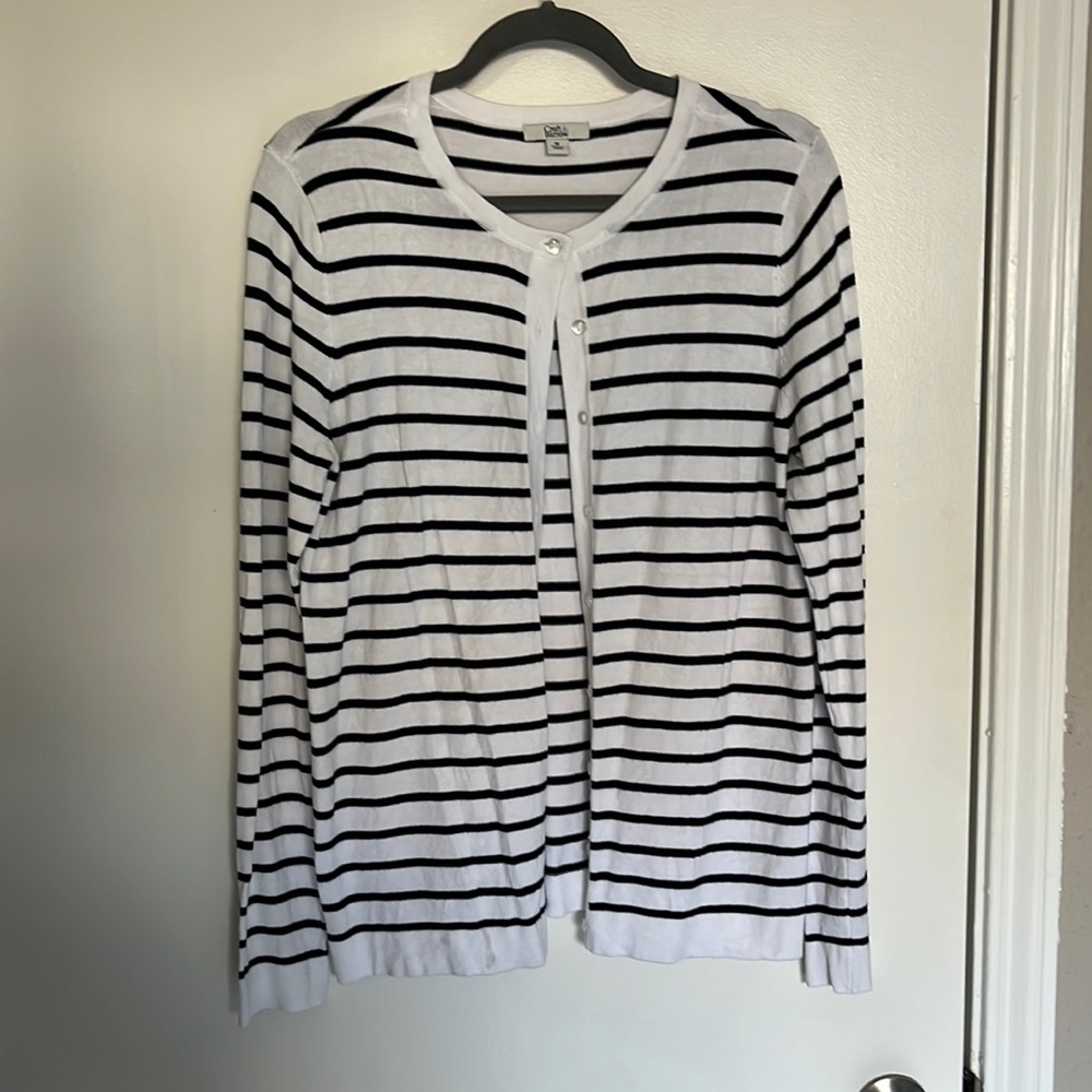 White and dark navy striped cardigan